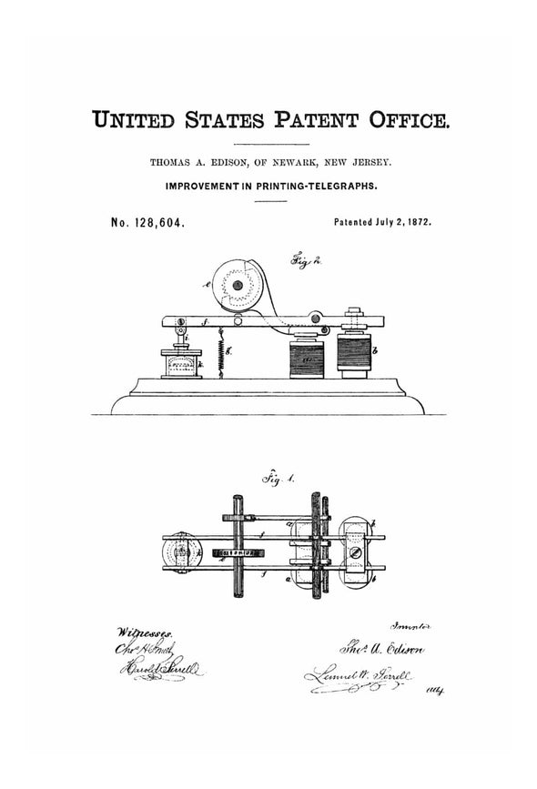 Edison Telegraph Patent 1872 - Patent Prints, Telegraph Poster, Office Decor, Geek Gift, Edison Patent, Edison Art, Edison Inventions