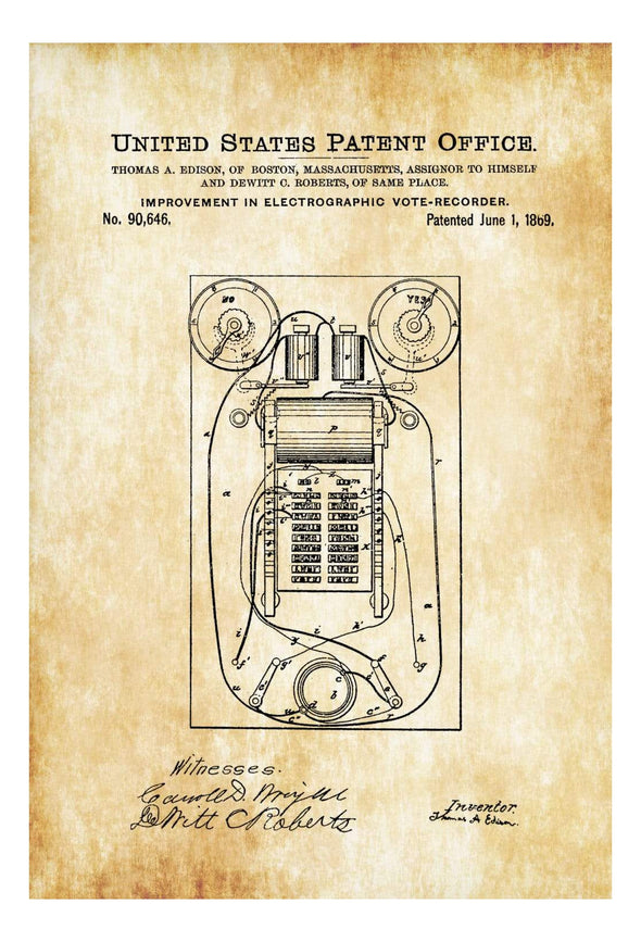 Edison Voting Machine Patent 1869 - Patent Print, Edison Patent, Thomas A. Edison, Thomas Edison Patent, , Political Poster, Political Art