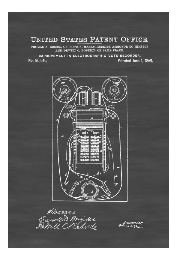 Edison Voting Machine Patent 1869 - Patent Print, Edison Patent, Thomas A. Edison, Thomas Edison Patent, , Political Poster, Political Art