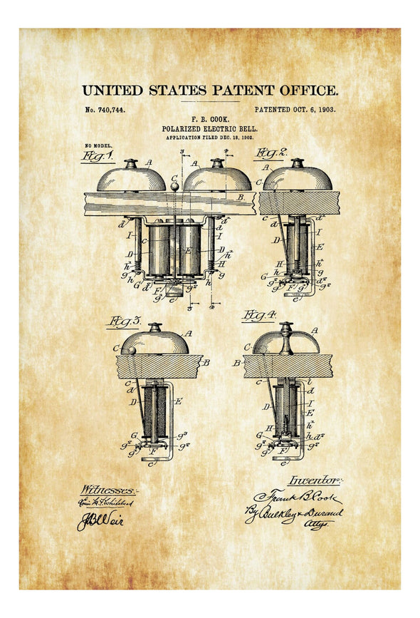 Electric Door Bell Patent Print 1903 - Vintage Bell, Vintage Wall Decor,Steampunk Decor, Vintage Print, Alarm Bell Poster, Bell Poster Art Prints mypatentprints 