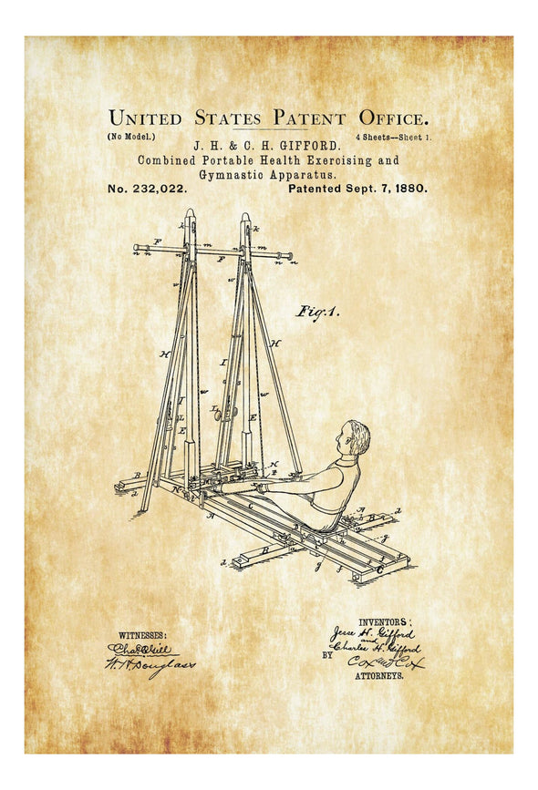 Exercise and Gymnastic Machine Patent Print 1880 - Wall Decor, Gym Decor, Exercise Machine Patent, Workout Exercise Poster Art Prints mypatentprints 