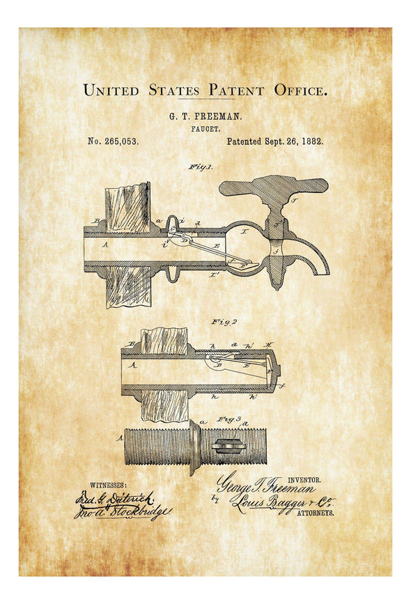 Faucet Patent Print 1882 - Wall Decor, Blueprint Poster Wall Art, Gardening Art, Yard Work, Vintage Tool, Kitchen Art, Water Patent, Faucet Art Prints mypatentprints 