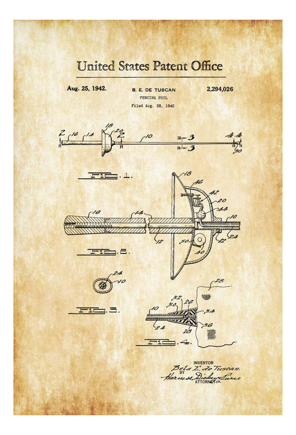 Fencing Sword Patent 1942 - Fencing Foil, Patent Print, Wall Decor, Fencing Art, Fencing Patent, Fencing Gift, Fencing Mask, Sword