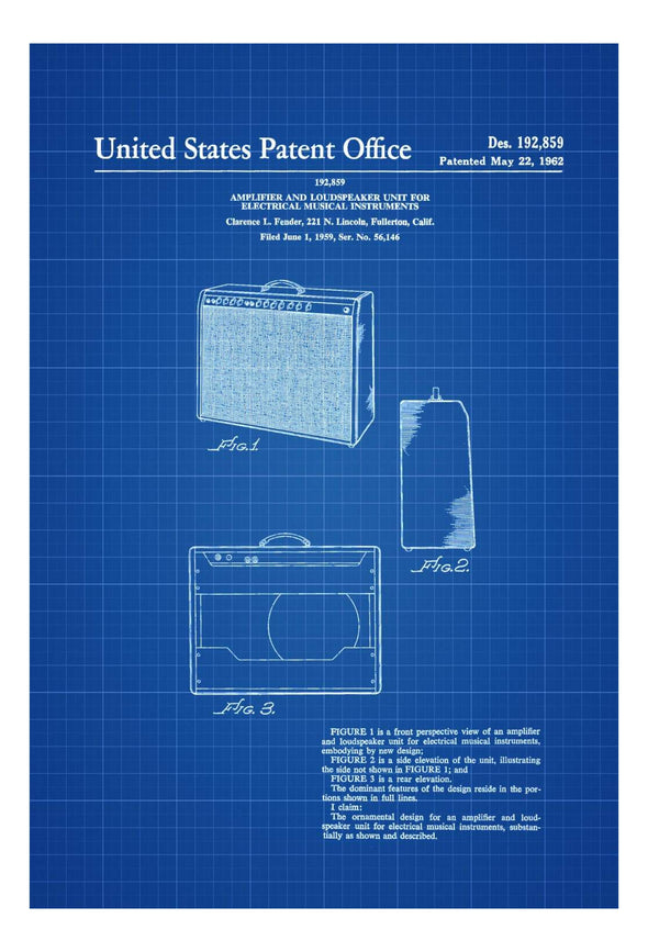 Fender Amplifier Patent 1962 - Patent Print, Wall Decor, Music Poster, Fender Amp, Guitar Amp, Music Poster, Fender