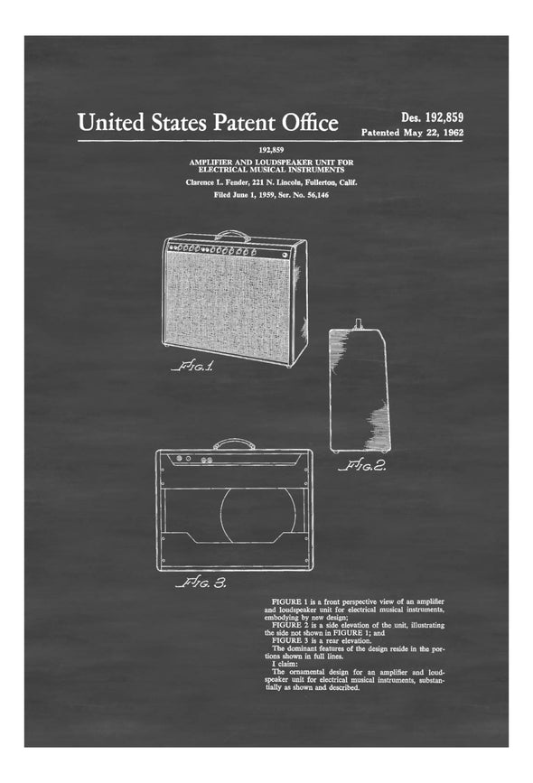 Fender Amplifier Patent 1962 - Patent Print, Wall Decor, Music Poster, Fender Amp, Guitar Amp, Music Poster, Fender