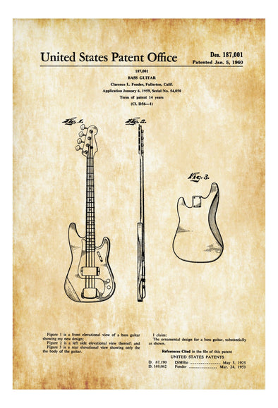 Fender Bass Guitar Patent - Patent Print, Wall Decor, Music Poster, Music Art, Musical Instrument Patent, Guitar Patent, Bass Guitar, Fender