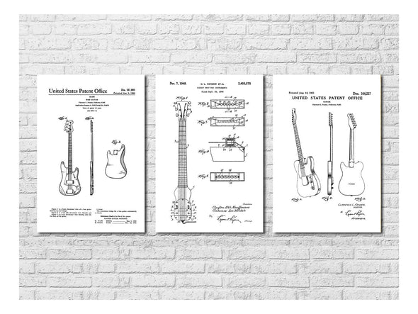 Fender Guitar Patent Collection of 3 - Patent Prints, Music Poster, Musical Instrument Patent, Guitar Patent, Bass Guitar, Fender Patent