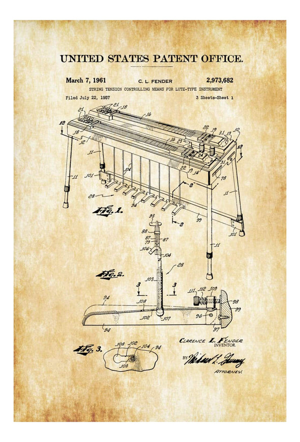 Fender Steel Guitar Patent 1961 - Patent Print, Music Poster, Music Art, Country Music Decor, Guitar Art, Fender Patent