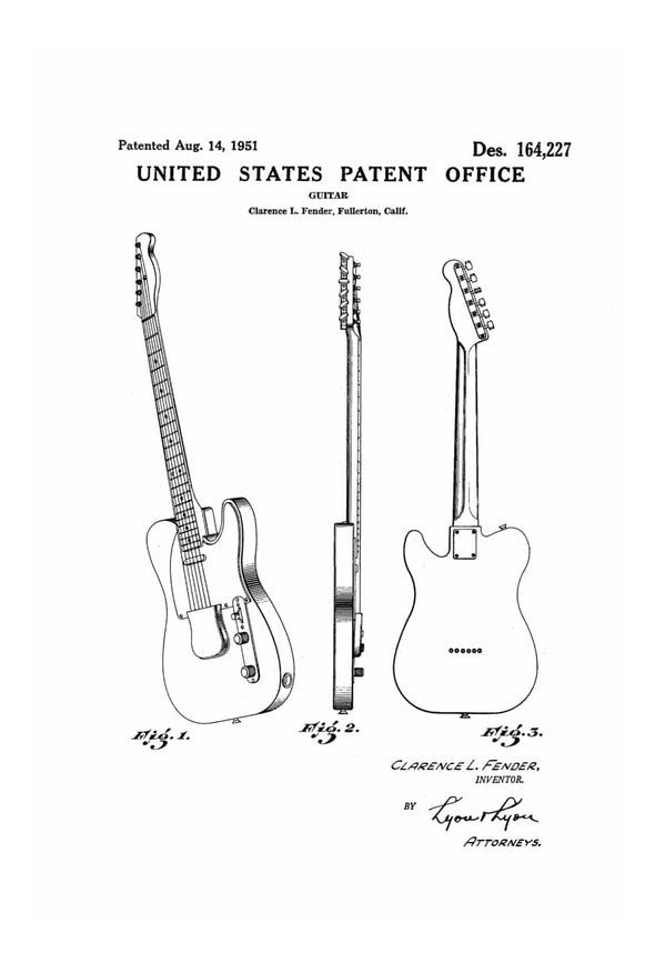 Fender Telecaster Guitar Patent 1951 - Patent Print, Wall Decor, Music Poster, Music Art, Musical Instrument Patent, Guitar Patent, Fender