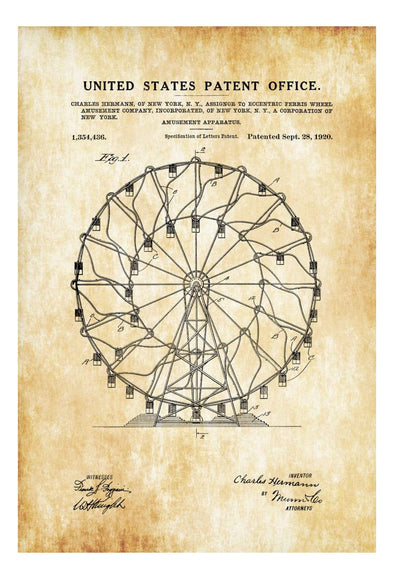Ferris Wheel Patent 1920 - Patent Print, Ferris Wheel Decor, Carnival Art, Circus Poster, Vintage Art, Amusement Park mws_apo_generated mypatentprints Parchment #MWS Options 3083773207 