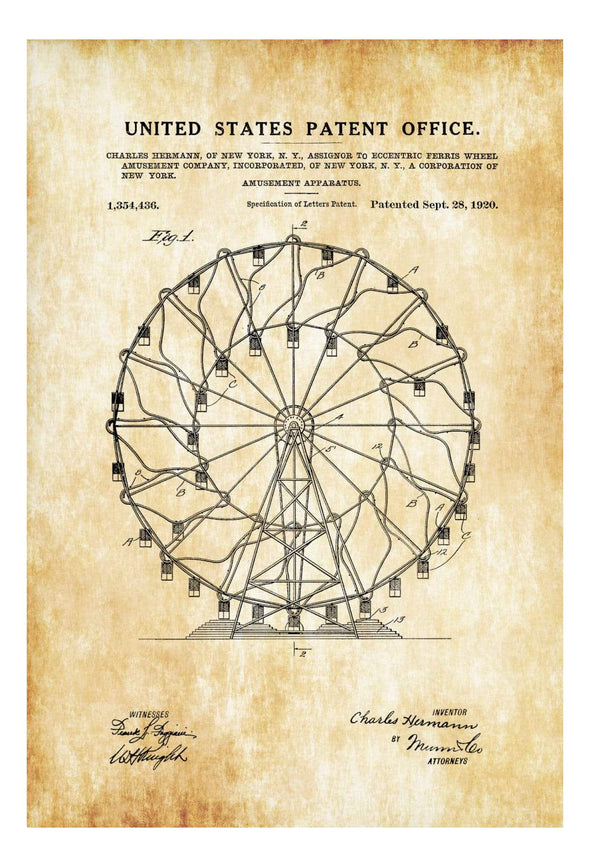 Ferris Wheel Patent 1920 - Patent Print, Ferris Wheel Decor, Carnival Art, Circus Poster, Vintage Art, Amusement Park mws_apo_generated mypatentprints Parchment #MWS Options 3083773207 