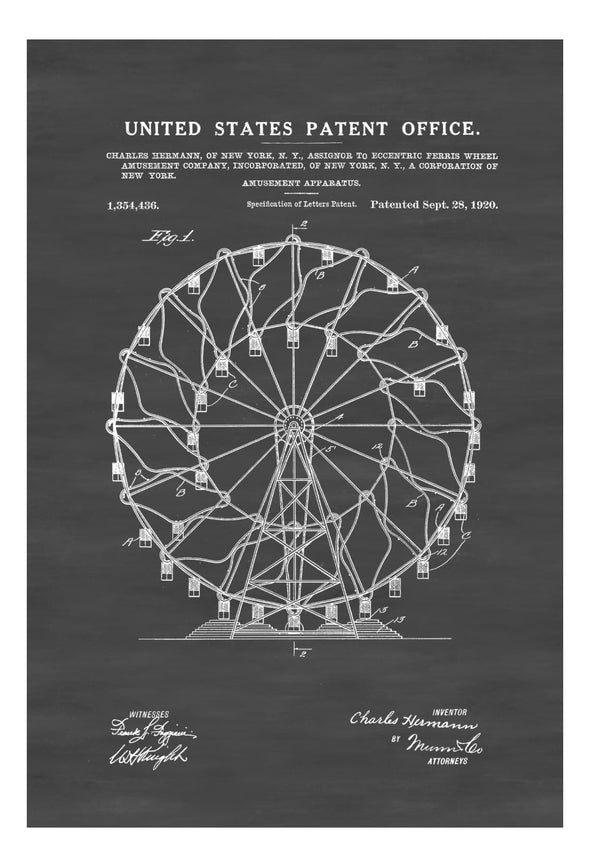 Ferris Wheel Patent 1920 - Patent Print, Ferris Wheel Decor, Carnival Art, Circus Poster, Vintage Art, Amusement Park