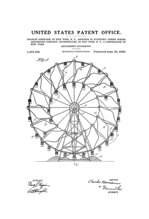 Ferris Wheel Patent 1920 - Patent Print, Ferris Wheel Decor, Carnival Art, Circus Poster, Vintage Art, Amusement Park