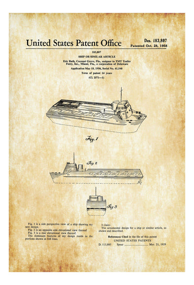 Ferry Boat Patent - Patent Print, Vintage Nautical, Naval Art, Sailor Gift, Sailing Decor, Nautical Decor, Boating Decor, Ferry Ship Patent Art Prints mypatentprints 10X15 Parchment 