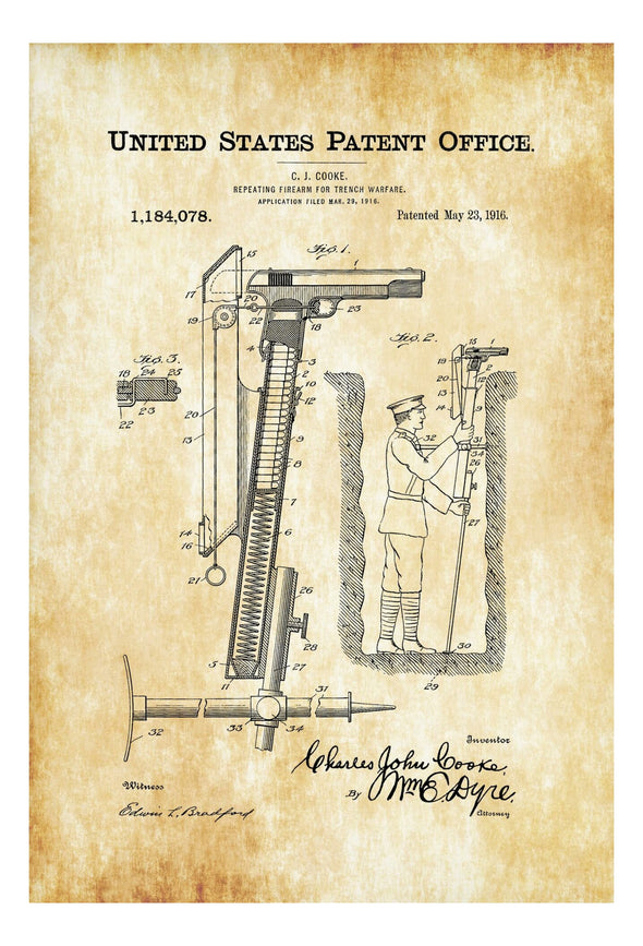 Firearm for Trench Warfare Patent 1916 - Patent Print, Wall Decor, Gun Art, Firearm Patent, WW I Firearm Patent, Firearm Blueprint, Military Art Prints mypatentprints 10X15 Parchment 