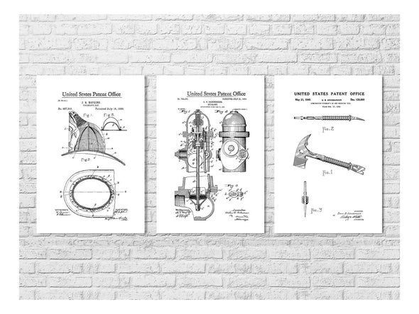 Fireman Patent Collection of 3 - Patent Prints,  Fireman Gift, Firehouse Decor, Firefighter