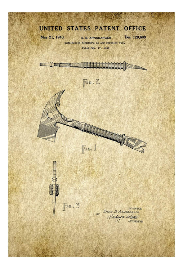 Fireman&#39;s Ax Patent - Patent Print, Wall Decor, Fireman Gift, Firehouse Decor, Firefighter, Tools Decor
