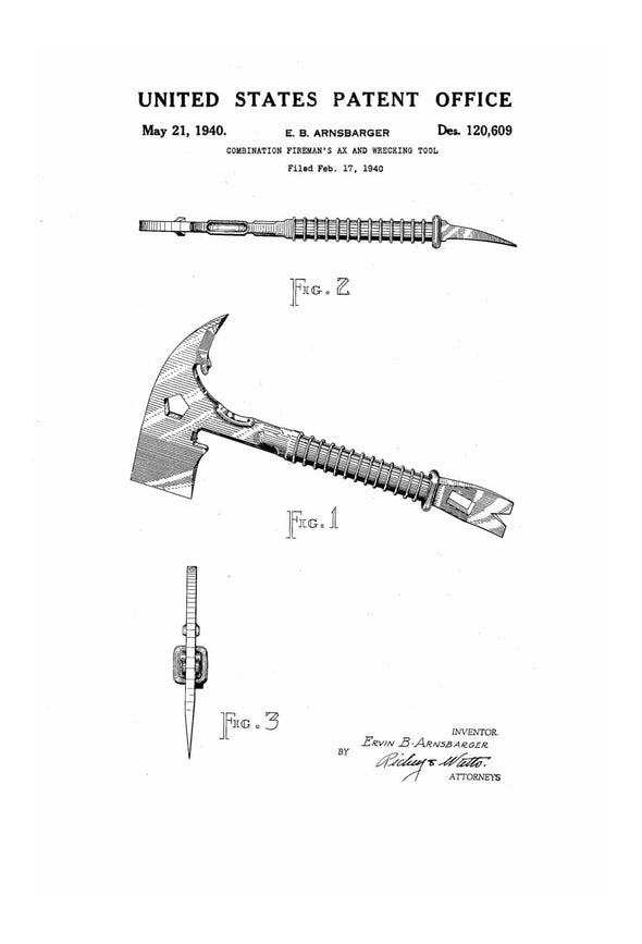 Fireman&#39;s Ax Patent - Patent Print, Wall Decor, Fireman Gift, Firehouse Decor, Firefighter, Tools Decor