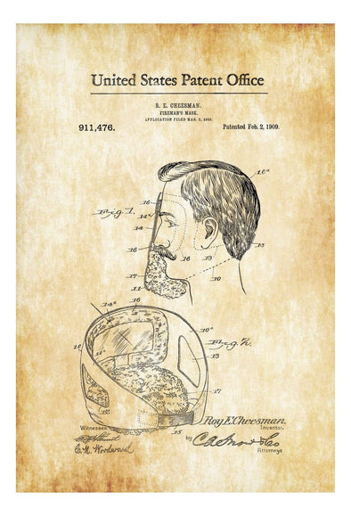 Fireman&#39;s Mask Patent 1909 - Patent Print, Wall Decor, Fireman Gift, Firehouse Decor, Firefighter, Fireman mws_apo_generated mypatentprints Parchment #MWS Options 3947210045 