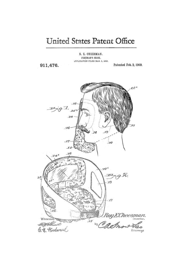 Fireman&#39;s Mask Patent 1909 - Patent Print, Wall Decor, Fireman Gift, Firehouse Decor, Firefighter, Fireman