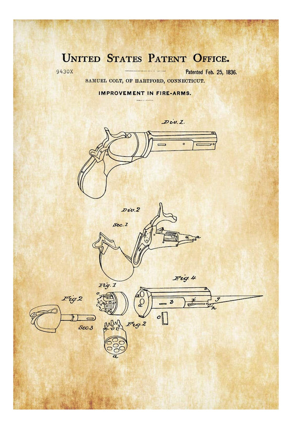First Colt Firearm Patent 1836 - Patent Print, Wall Decor, Gun Art, Firearm Art, Colt Patent, Firearm Patent, Colt Firearm