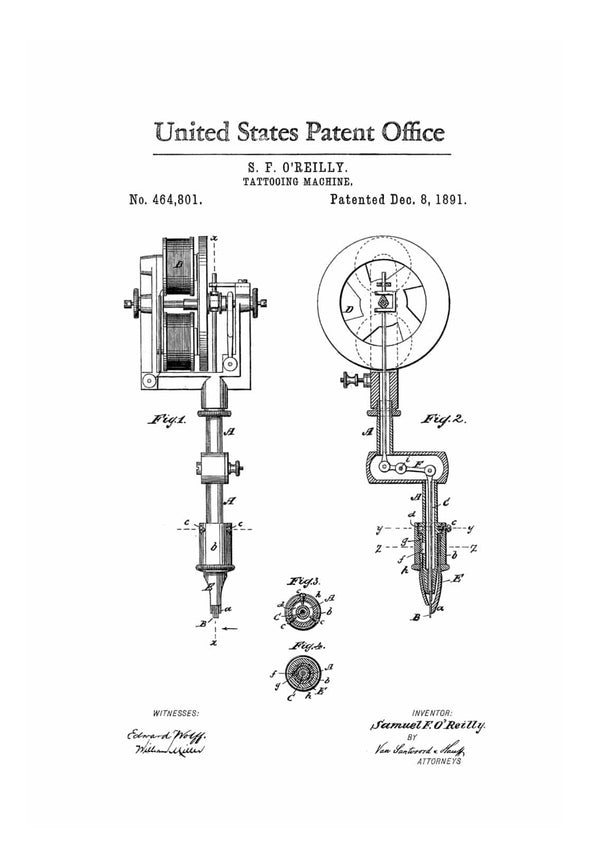First Tattoo Machine Patent 1891 - Tattoo Gun Patent, Tattooing, Tattoo Parlor Art, Tattoo Prints, Vintage Tattoo