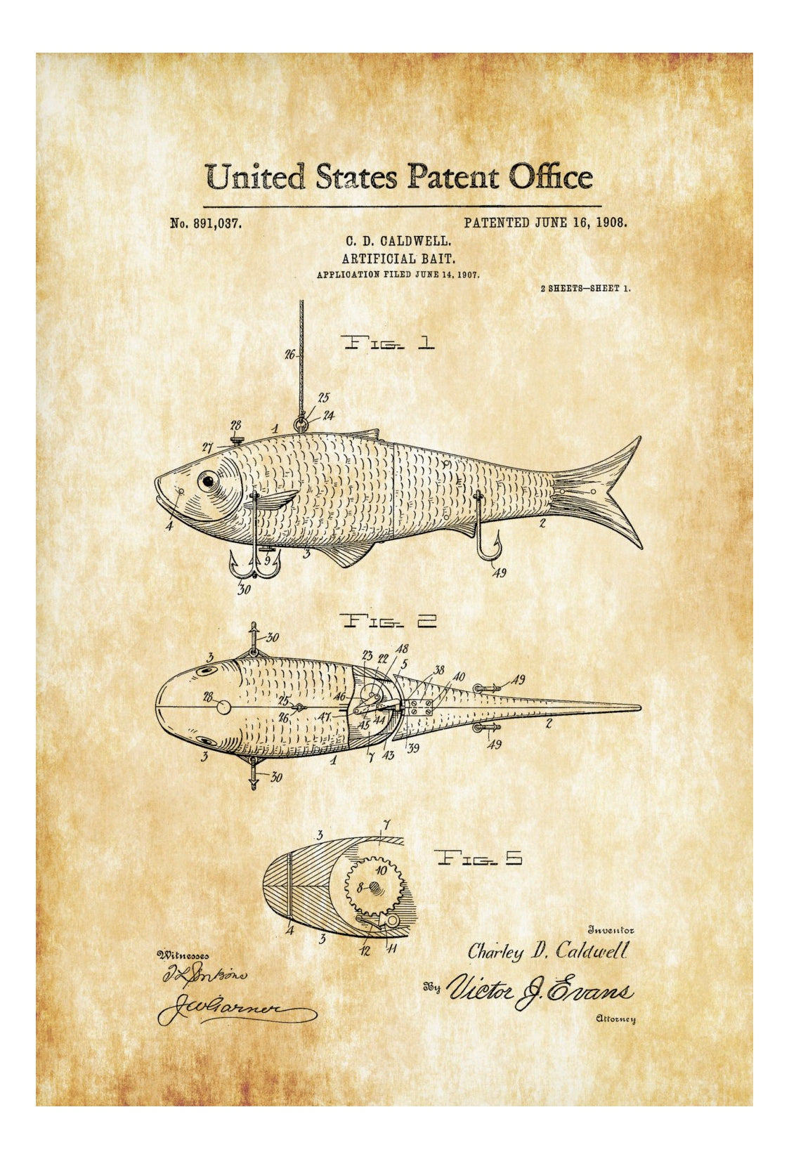 Bluefin Tuna Fishing Lure Hook Patent Blueprint Wall Art Print