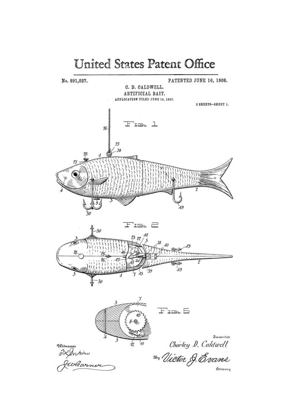 Fishing Bait Patent 1908 - Patent Print, Wall Decor, Fishing Lure Poster, Cabin Decor, Fisherman Gift, Fishing Decor, Lake House Decor