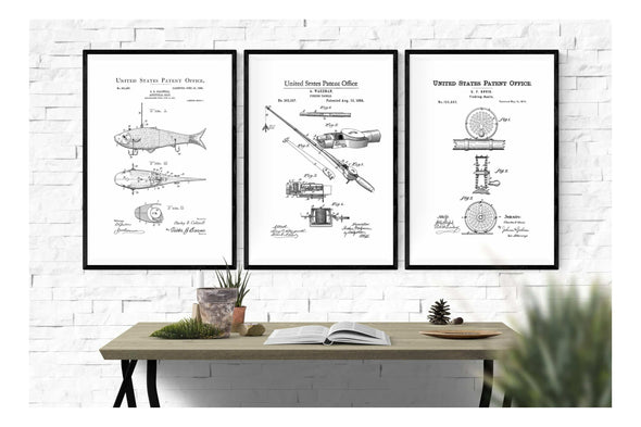 Fishing Patent Collection of 3 Patent Prints - Fishing Patents, Fishing Lure Poster, Fisherman Gift, Fishing Decor, Lake House Cabin Decor Art Prints mypatentprints 