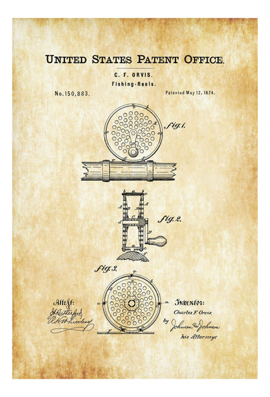 Fishing Reels Patent 1874 - Patent Print, Wall Decor, Fishing Rod, Cabin Decor, Fisherman Gift, Fishing Decor, Lake House Decor Art Prints mypatentprints 10X15 Parchment 