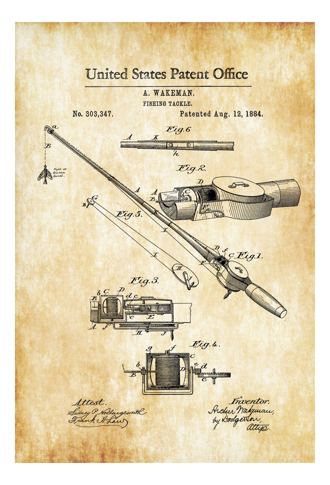 Fishing Tackle Patent 1884 - Patent Print, Wall Decor, Fishing Rod