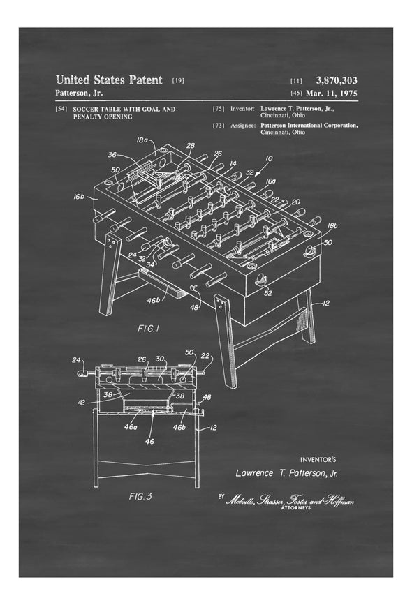 Foosball Table Patent 1975 - Patent Print, Wall Decor, Soccer Table, Basement Decor, Game Room Decor, Foosball Patent