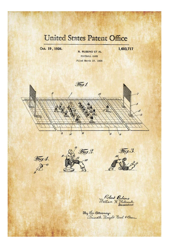 Football Board Game Patent 1926 - Patent Print, Wall Decor, Football Patent, Football Wall Art, Coach Gift, Vintage Toys, Man Cave