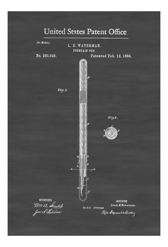 Fountain Pen Patent - Patent Print, Wall Decor, Office Decor, Vintage Pen, Old Pen, Writer Gift, Writing Instrument, Waterman Pen