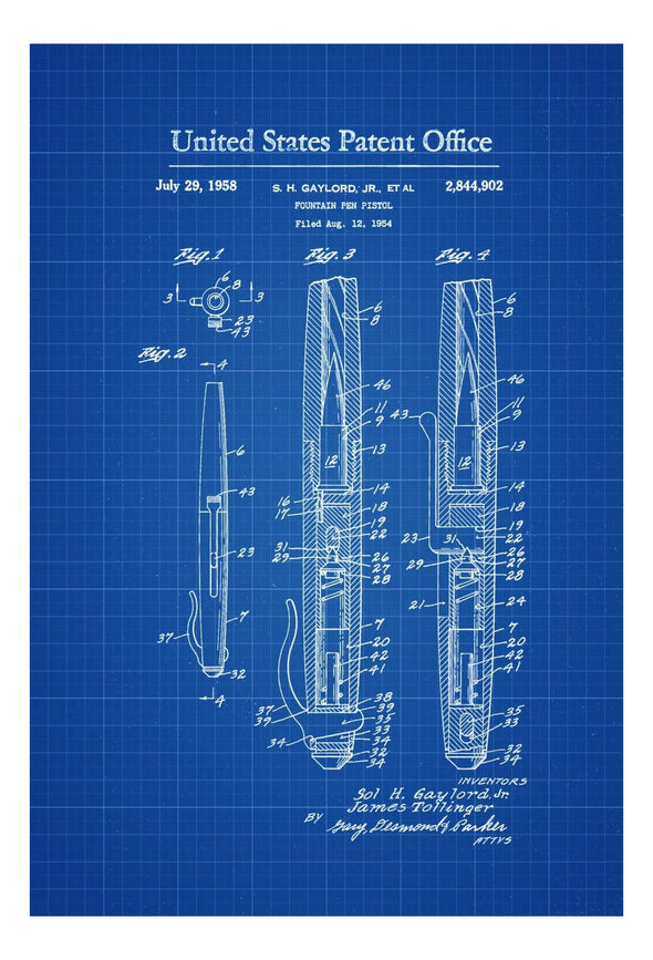 Fountain Pen Pistol Patent - Patent Print, Wall Decor, Gun Art, Firearm Art, Spy Patent, Pistol Patent, Spy Gear, Secret Agent