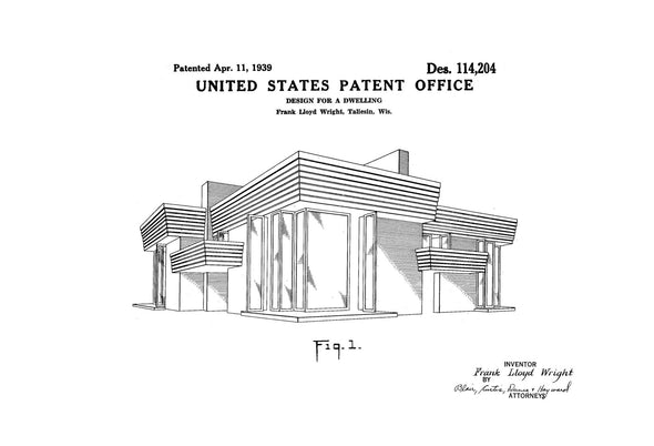 Frank Lloyd Wright House Design Patent - Decor, Patent Print, Wall Decor, Frank Lloyd Wright House, Frank Lloyd Wright Patent