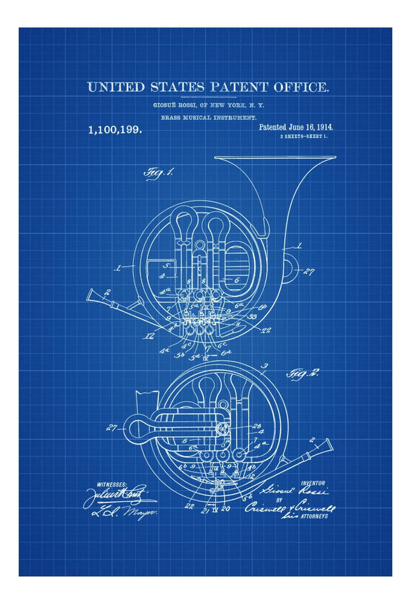 French Horn Patent - Patent Print, Wall Decor, Music Poster, Music Art, Brass Instrument, Wind Instrument, Brass Instrument Patent mws_apo_generated mypatentprints Blueprint #MWS Options 1570481879 