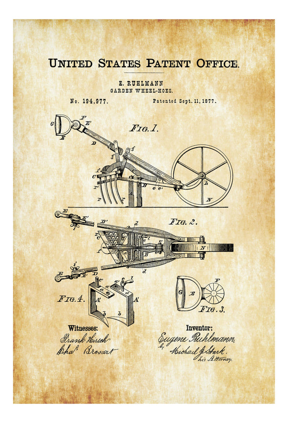 Garden Wheel-Hoes Patent - Patent Print, Decor, Home Decor, Patent Print, Hoes Patent, Wheel-Hoes Blueprint, Garden Decor, Farming Decor Art Prints mypatentprints 10X15 Parchment 