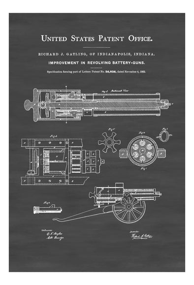 Gatling Gun Patent 1862 - Patent Print, Wall Decor, Gun Art, Firearm Art, Machine Gun, Gatling Patent