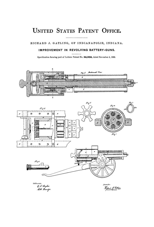 Gatling Gun Patent 1862 - Patent Print, Wall Decor, Gun Art, Firearm Art, Machine Gun, Gatling Patent