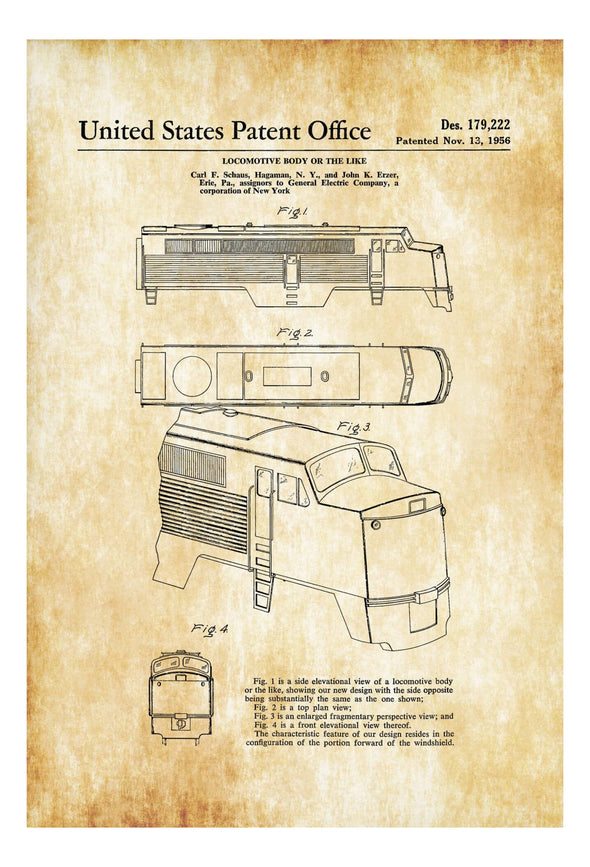 GE Locomotive Patent Print 1956 - Electric Locomotive, Locomotive Blueprint, Locomotive Art, Railroad Decor, Locomotive Poster Art Prints mypatentprints 