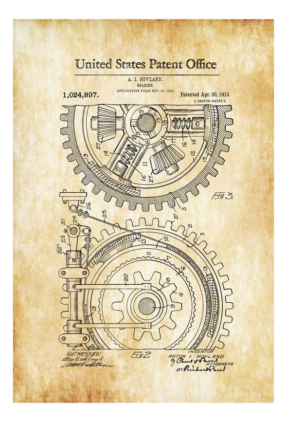 Gearing Patent 1912 - Patent Print, Garage Decor, Workshop Decor,  Industrial Decor, Tool Art, Mechanical Engineer, Engineer Gift, Gears