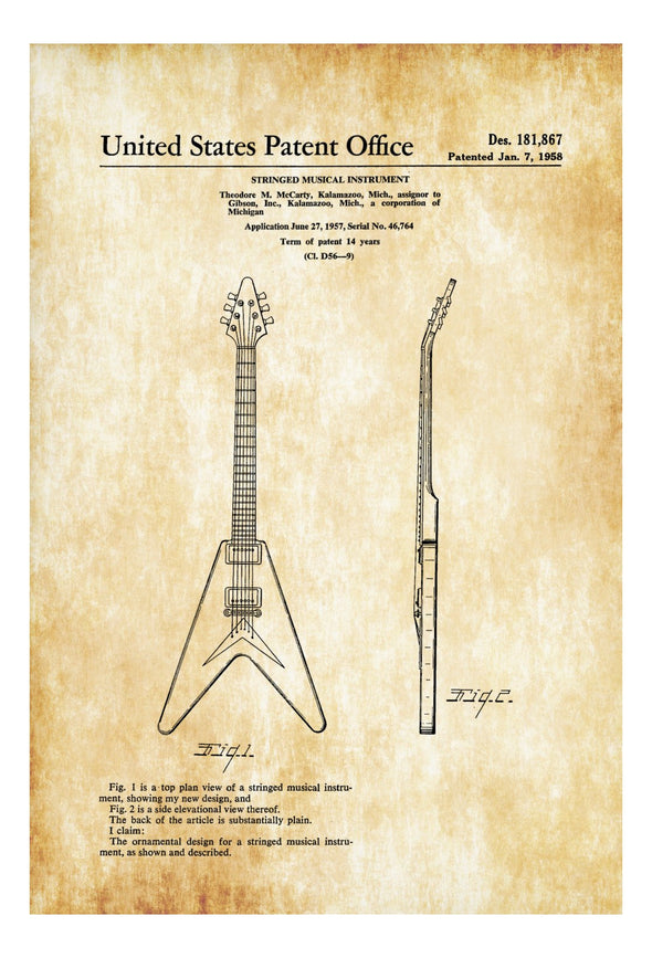 Gibson Flying V Guitar Patent - Patent Print, Wall Decor, Music Poster, Music Art, Musical Instrument Patent, Guitar Patent, Gibson Guitars
