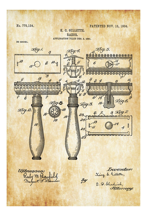 Gillette Razor Patent - Patent Print, Wall Decor, Bathroom Decor, Bathroom Art, Bathroom Poster, Bathroom Sign, Restroom Decor, Razor Patent