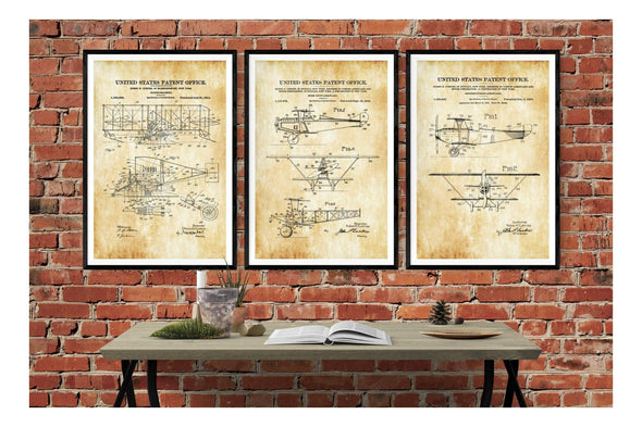 Glenn Curtis Airplane Patent Collection of 3 Patent Prints - Airplane Blueprint, Vintage Aviation Art Decor, Pilot Gift, Airplane Poster Art Prints mypatentprints 10X15 Parchment 