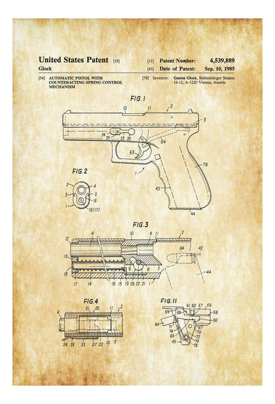 Glock Pistol Patent 1985 - Patent Print, Wall Decor, Gun Art, Firearm Art, Glock Patent, Glock Firearm Patent, Firearm Patent, Gun Patent Art Prints mypatentprints 10X15 Parchment 