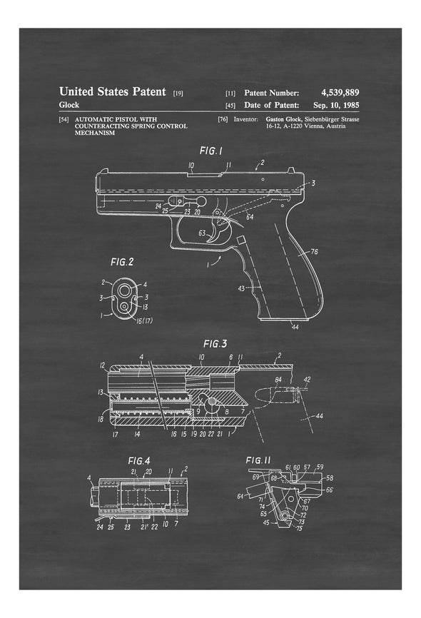 Glock Pistol Patent 1985 - Patent Print, Wall Decor, Gun Art, Firearm Art, Glock Patent, Glock Firearm Patent, Firearm Patent, Gun Patent Art Prints mypatentprints 