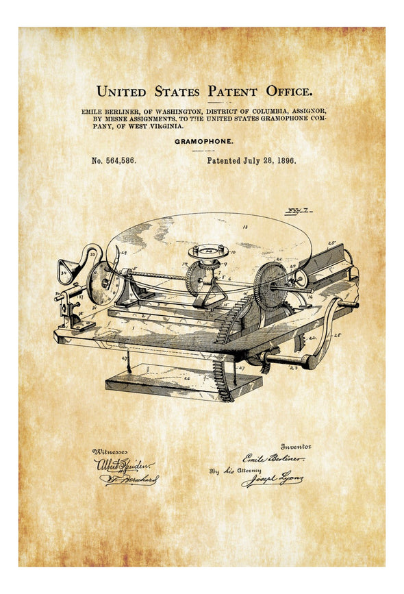 Gramophone Patent - Patent Print, Wall Decor, Gramophone Poster, Patent, Home Theater Decor, Music Buff, Vintage Record Player