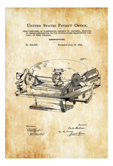 Gramophone Patent - Patent Print, Wall Decor, Gramophone Poster, Patent, Home Theater Decor, Music Buff, Vintage Record Player mws_apo_generated mypatentprints Blueprint #MWS Options 3665078769 