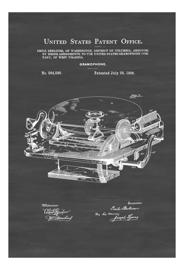 Gramophone Patent - Patent Print, Wall Decor, Gramophone Poster, Patent, Home Theater Decor, Music Buff, Vintage Record Player